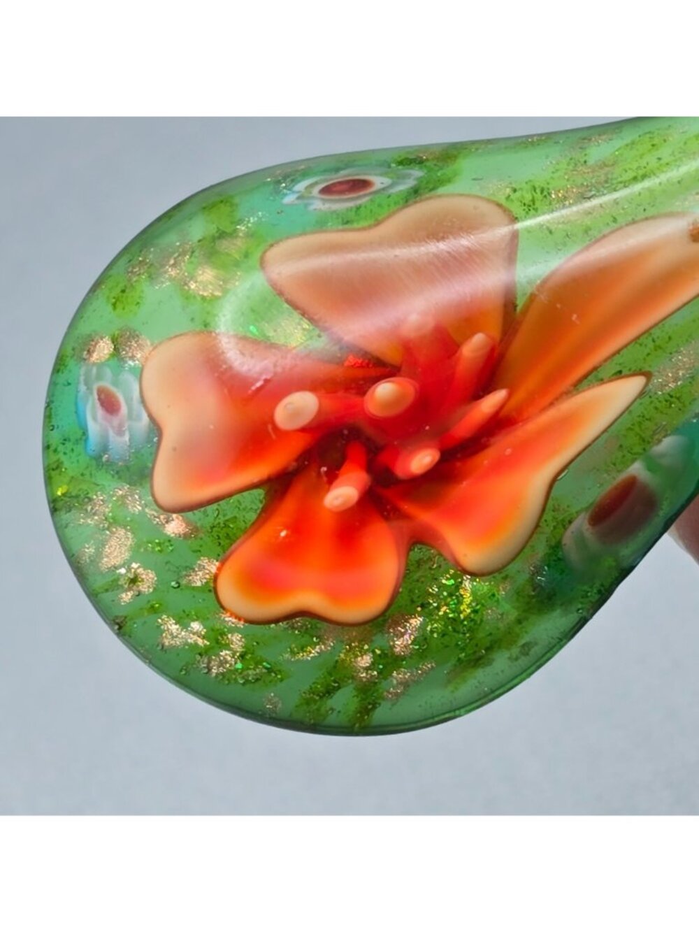 Artisan Glass Teardrop Pendant Necklace Orange Floral Millefiori Gold Foil - Picture 6 of 16
